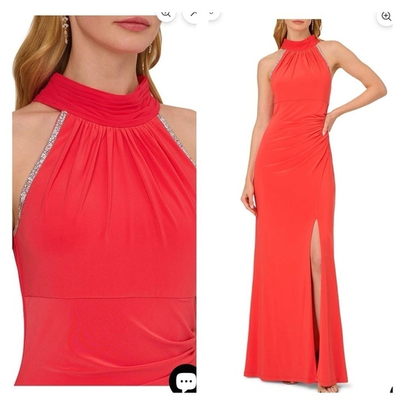ADRIANNA PAPELL Red Halter Neck Rhinestone Jersey Chiffon Maxi Gown Size 16 NWT - Picture 1 of 6